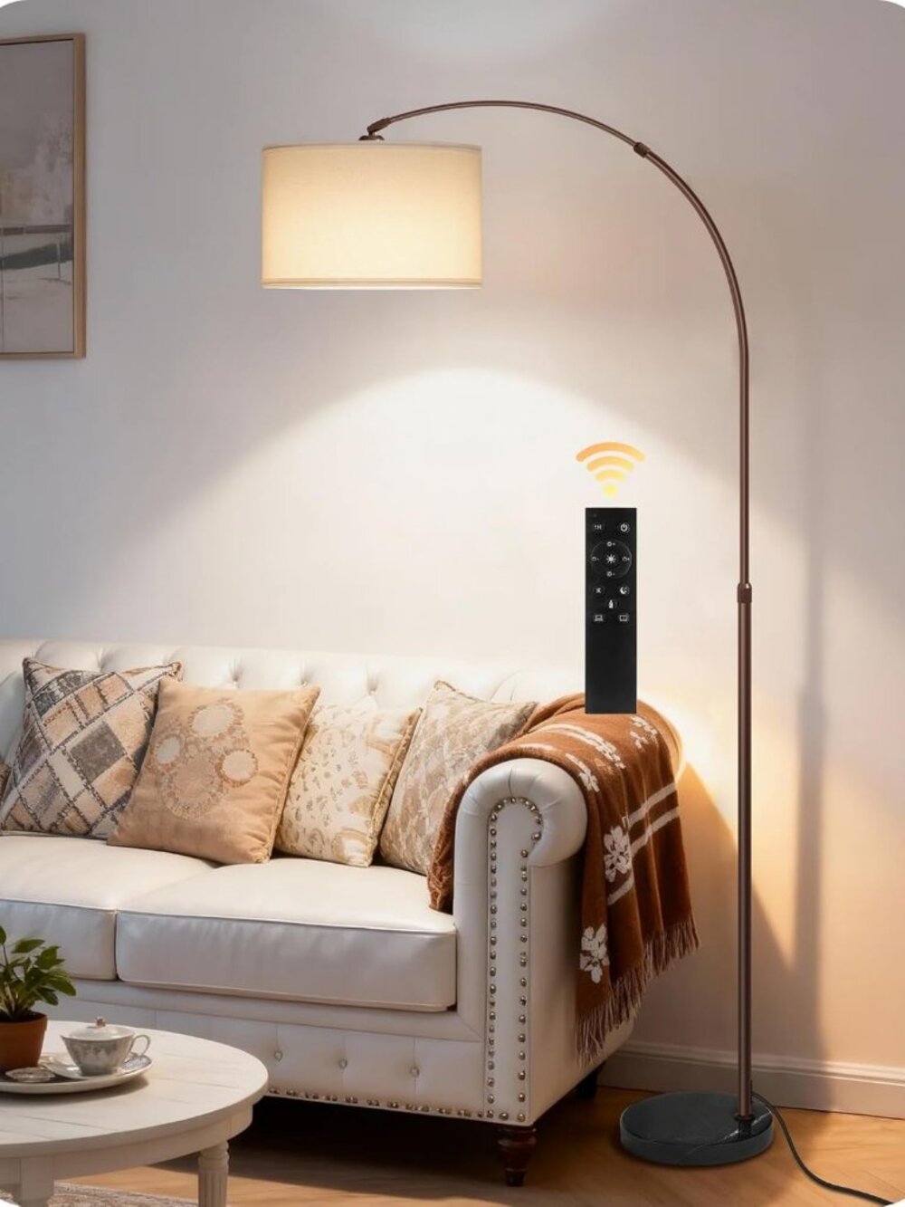 Dimmable 75" Brown Arc Floor Lamp with Marble Base, Adjustable Height & White